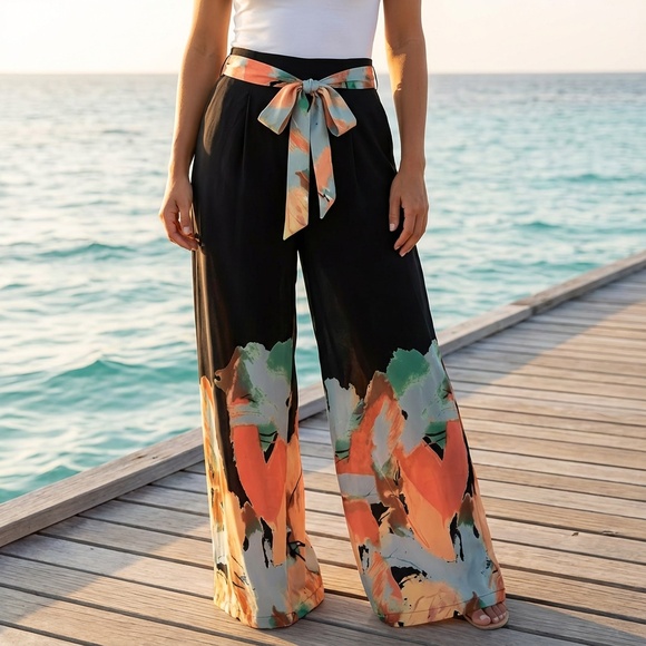 A 358 Nancy Black Abstract Print Palazzo Pants Belted Wide Leg Modern Boho NWT L - Picture 3 of 5